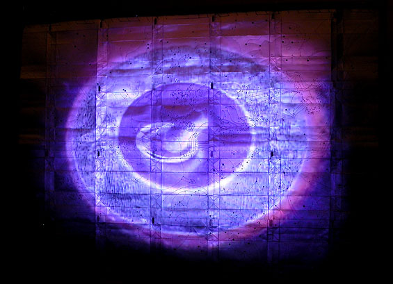 The First Occupation, 2005, detail (projected image on perforated screen)